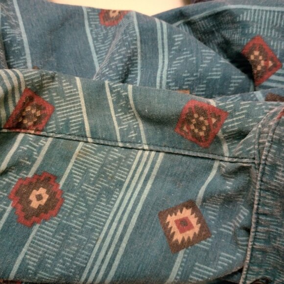 Frontier Series Western Shirt Small Teal Southwest Geometric Button Down READ - Picture 15 of 15